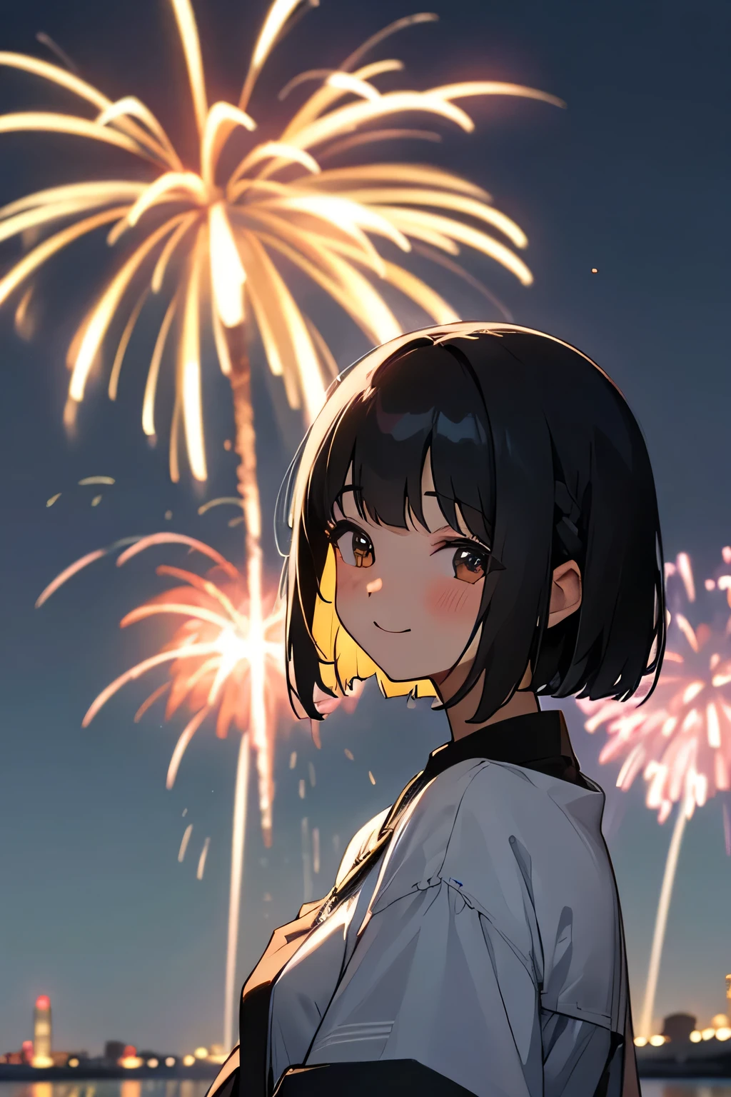 20-year-old female、cute、Black Hair、Bob hairstyle、Wearing a yukata、summer night、Watching fireworks、Night Sky、smile