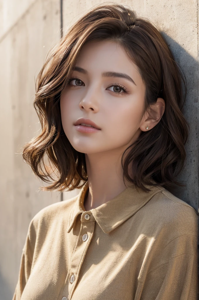 (masterpiece:1.3), (8K, Realistic, RAW Photos, Highest quality: 1.4), (One Girl), Beautiful Face, (Realistic Face), (Brown Hair, Short hair with loose waves:1.3), Beautiful Hairstyles, Realistic eyes, Beautiful details, (Realistic Skin,Landscape,Look away,Looking Up,Brush your hair up), Beautiful Skin, (Nice shirt,Big size,Black pants,Long sleeve), Absurd, charm, Ultra-high resolution, Ultra-realistic, Very detailed, Golden Ratio,Concrete wall,