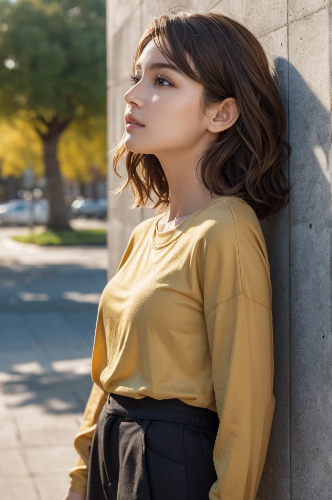 (masterpiece:1.3), (8K, Realistic, RAW Photos, Highest quality: 1.4), (One Girl), Beautiful Face, (Realistic Face), (Brown Hair, Short hair with loose waves:1.3), Beautiful Hairstyles, Realistic eyes, Beautiful details, (Realistic Skin,Landscape,Look away,Looking Up,Brush your hair up), Beautiful Skin, (Nice shirt,Big size,Black pants,Long sleeve), Absurd, charm, Ultra-high resolution, Ultra-realistic, Very detailed, Golden Ratio,Concrete wall,