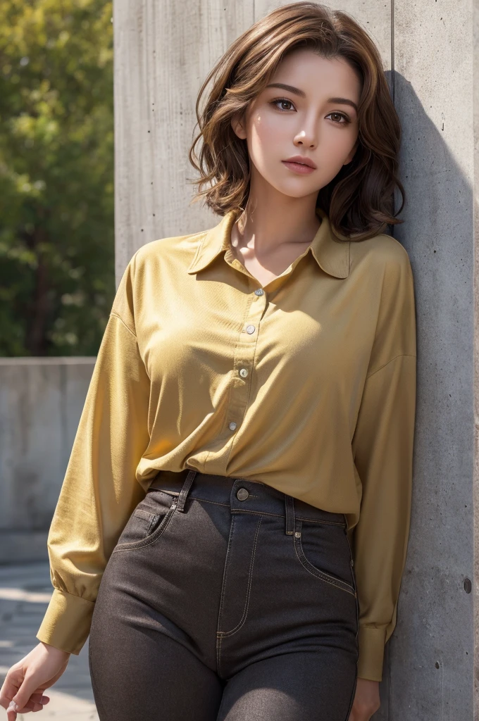 (masterpiece:1.3), (8K, Realistic, RAW Photos, Highest quality: 1.4), (One Girl), Beautiful Face, (Realistic Face), (Brown Hair, Short hair with loose waves:1.3), Beautiful Hairstyles, Realistic eyes, Beautiful details, (Realistic Skin,Landscape,Look away,Looking Up,Brush your hair up), Beautiful Skin, (Nice shirt,Big size,Black pants,Long sleeve), Absurd, charm, Ultra-high resolution, Ultra-realistic, Very detailed, Golden Ratio,Concrete wall,