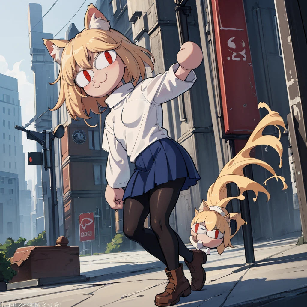 (masterpiece, best quality:1.2), necoarc, slit pupils, cat ears, blonde hair, red eyes, chibi, 1boy, solo, white turtleneck, blue skirt, pleated skirt, brown footwear, pantyhose, outdoors, (solo portrait), (front view), highlight thighs, thick thighs, raining
