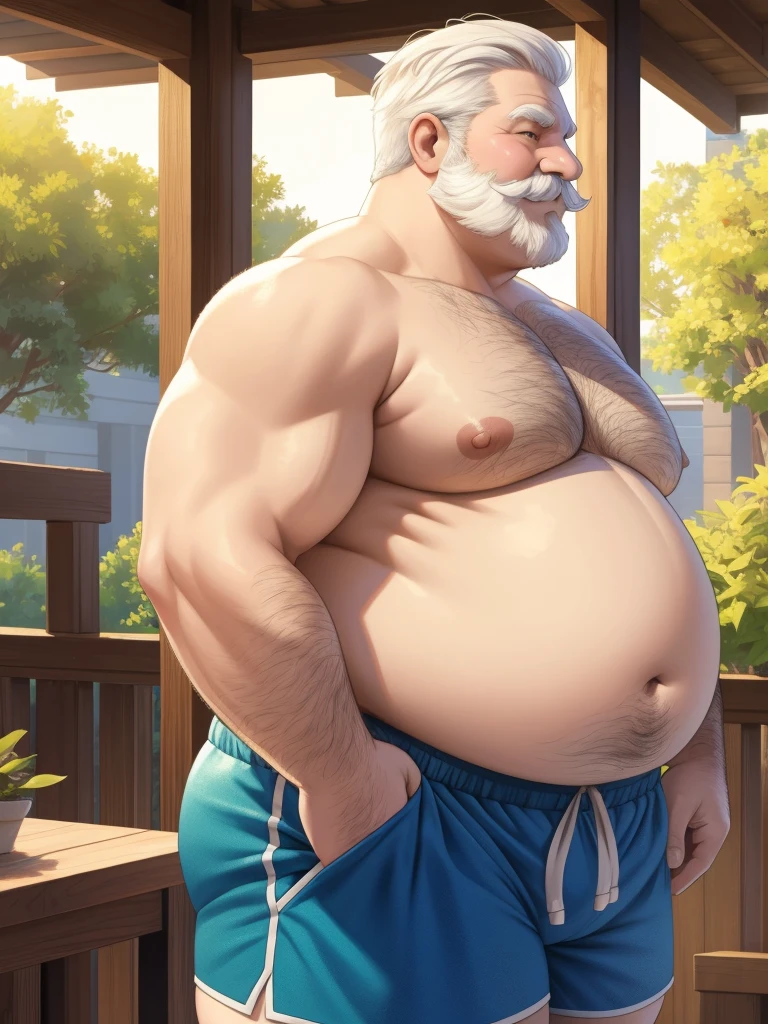 a smiling obese old man, chubby, big fat, detailed realistic portrait, 8k high resolution, topless, sumo physique, side view, perfect center, full view, realistic skin texture, wrinkled face, short hair, thick mustache, white hair, bearded, jovial expression, huge belly, fat, wearing shorts, high detail, masterpiece, (best quality,4k,8k,highres,masterpiece:1.2),ultra-detailed