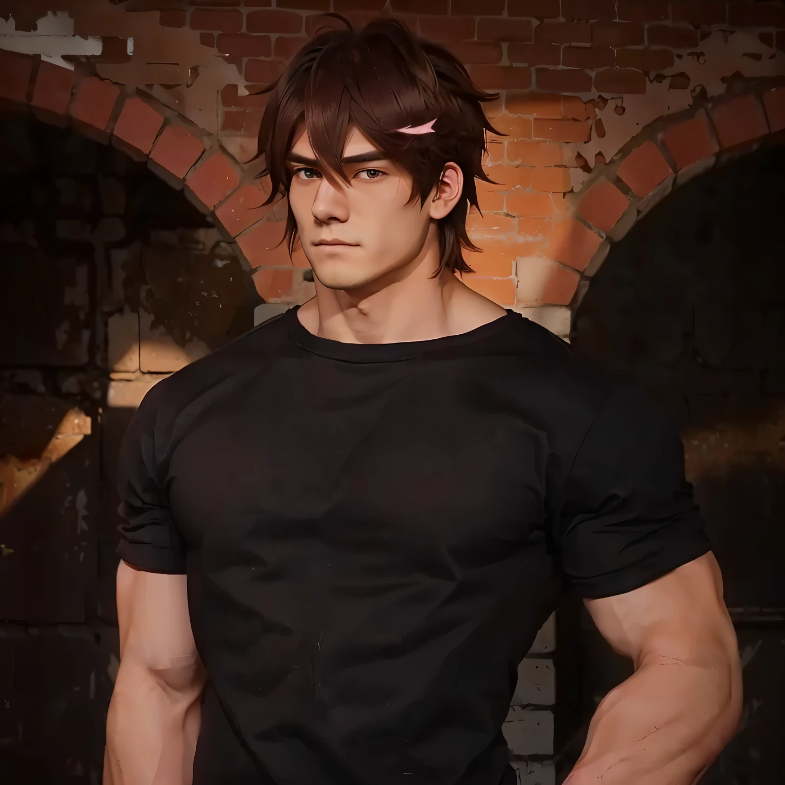 a man with a pink bow standing in front of a brick wall,shuushuu anime image, muscular!!, okata kazuto, muscular!,miura kentaro style