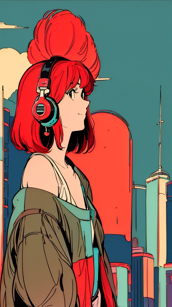 master piece, City Pop style, Red Hair, Japanese, fluffy bob cut, wearing headphones, shoulder length, alone, Futuristic, yet, lofi, retro, vintage, light smile