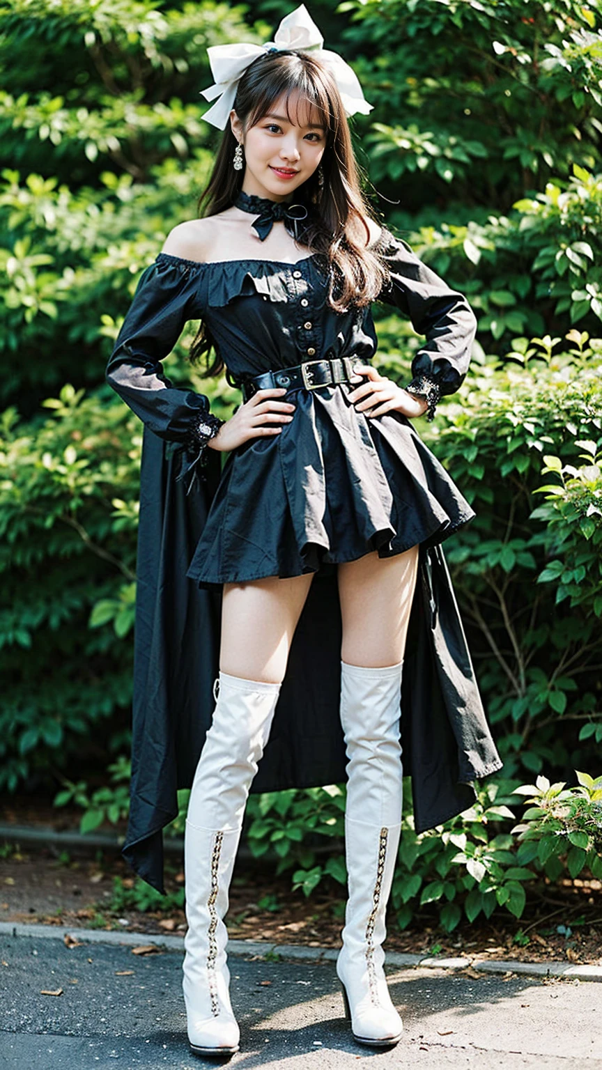 (8K、RAW Photos、Highest quality、masterpiece:1.2)、(Realistic、Realistic)、1 Girl、((mini skirt、Black and white、Thin legs、whole body、boots、Clothes with ribbons、Anime Costumes、Chest ribbon、Off the shoulder、See-through、Frills、garden、smile、View from the front、Ribbon on chest、Looking into the camera、belt、Stand with hands on hips))、