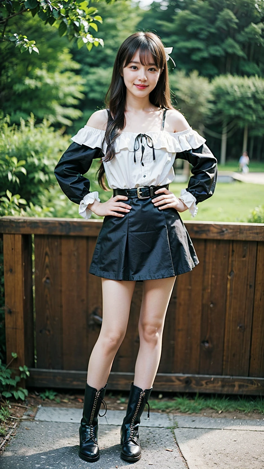 (8K、RAW Photos、Highest quality、masterpiece:1.2)、(Realistic、Realistic)、1 Girl、((mini skirt、Black and white、Thin legs、whole body、boots、Clothes with ribbons、Anime Costumes、Chest ribbon、Off the shoulder、See-through、Frills、garden、smile、View from the front、Ribbon on chest、Looking into the camera、belt、Stand with hands on hips))、