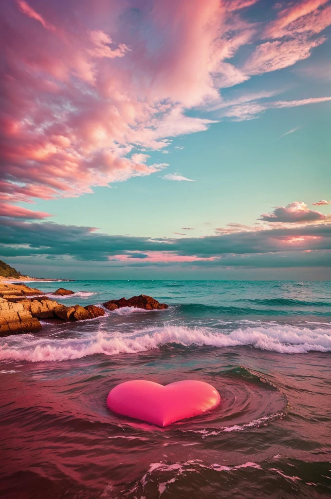 pink heart shape in red ocean under green sky