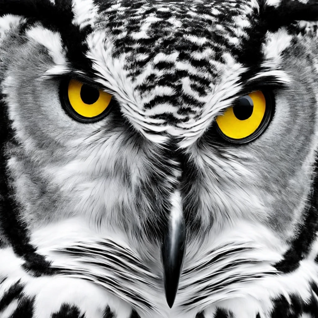 generate the black and withe image of a great horned owl face with black and withe eyes. The eyes must be aligned. The background is black