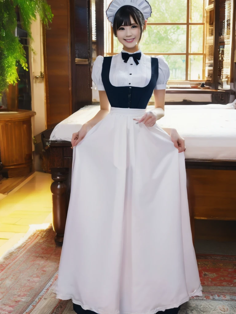 Highest quality、masterpiece、8K、Very detailed、Realistic、One person、Looking at me with a smile、whole body、Big Breasts、Erect nipples、Thin and beautiful legs、Tight and slim waist、Tight maid outfit、skirt