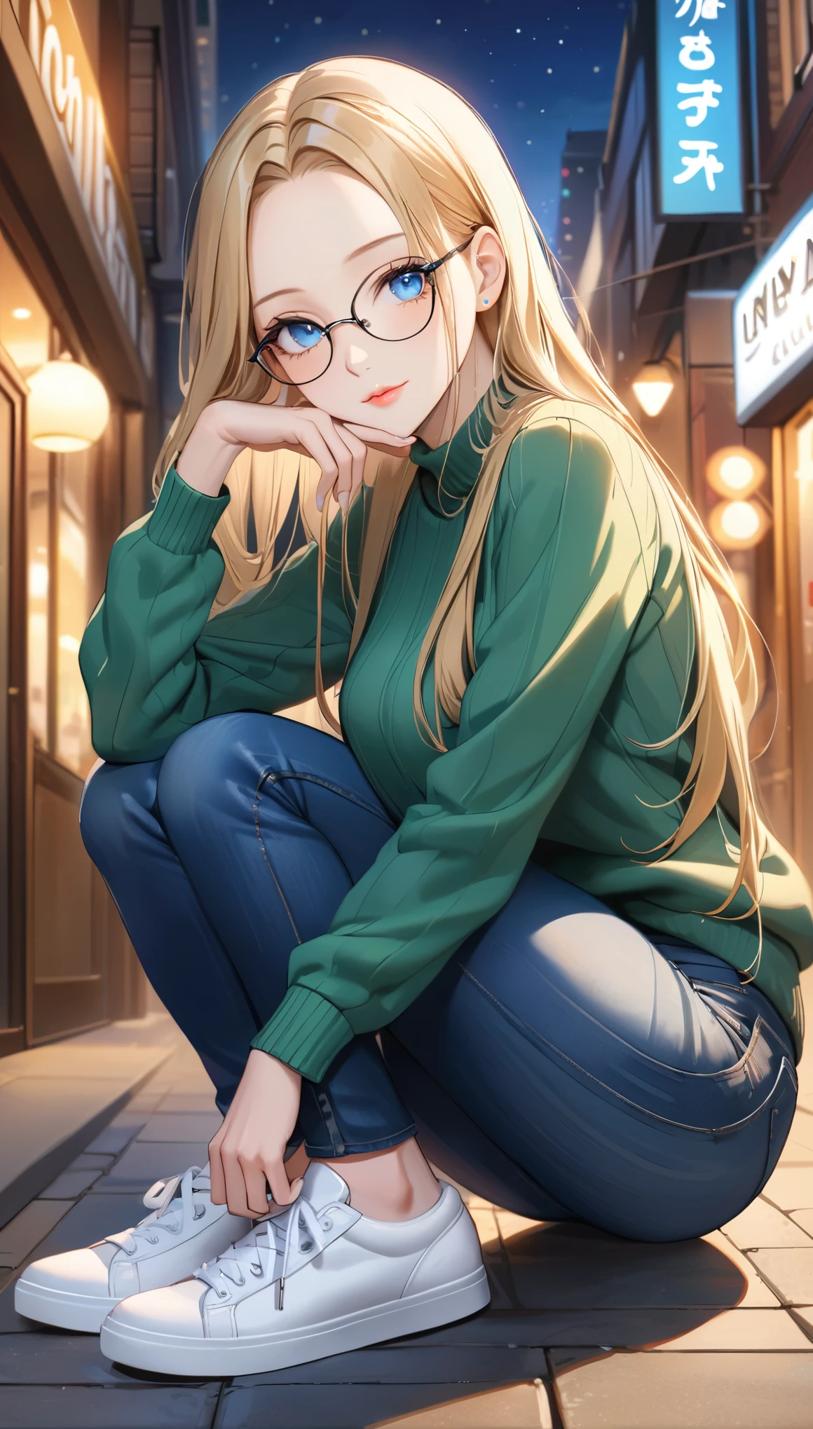 ((best quality, masterpiece:1.3, 8K)), (detailed), highly detailed face and skin texture, detailed eyes, (seductive pose:1.1), downtown, night time, full body, (slender body:1.1), 1girl, 25 years old, white skin, blue eyes, reading glasses, bright lips, seductive smile, blonde hair, straight hair, long hair, (forehead:1.0), green sweater, jeans pants, skinny jeans, blue jeans, white sneakers,