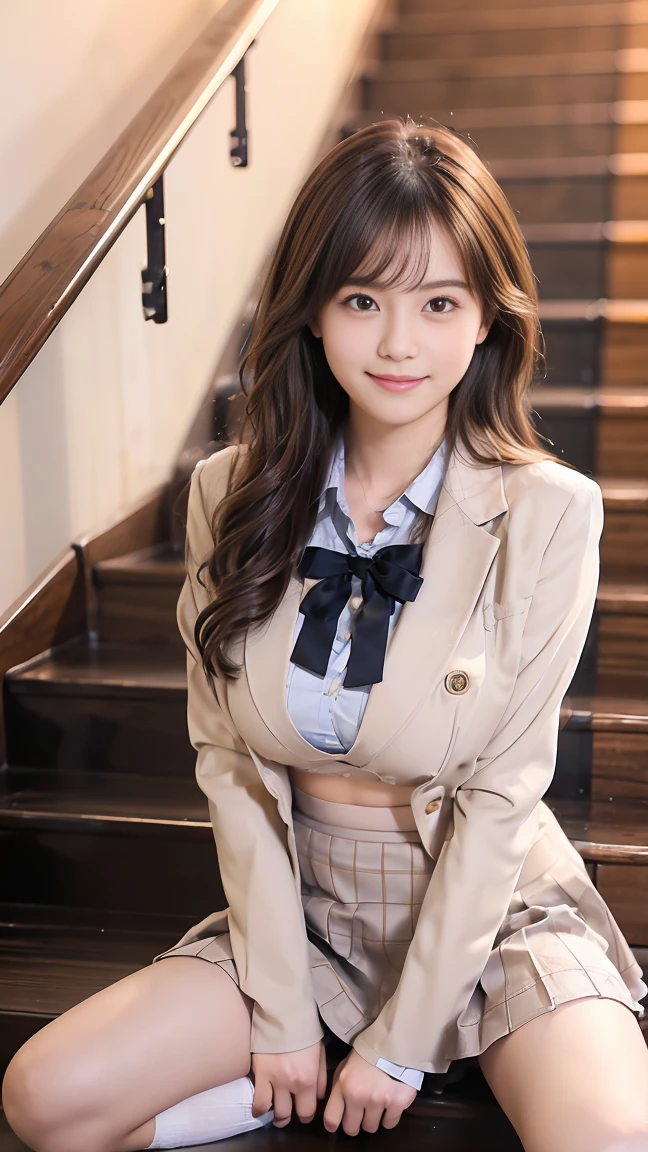 Highest quality、Best image quality、masterpiece、Full-body photo、18-year-old female, high school girl、Disheveled uniform、blazer、Check skirt、Dark brown hair、Wavy Hair、Mid-Long Hair、Puffy nippleedium Bust, Cute Smile、(((Sit on the stairs、Spread your legs、Open your knees)))、(Emphasize the chest)、Sexy Hips、School stairs、evening、Picture below、(((Completely naked、Breasts are visible、I can see the vagina、 spills from the vagina)))、Pink Panties、Full-body photo
