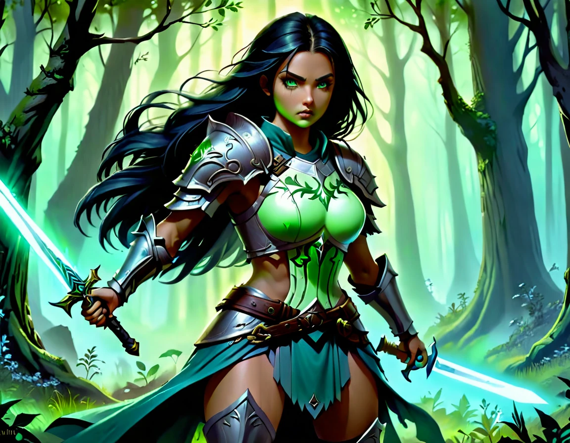 Arafed, a picture of woman paladin of nature protecting the forest from a (zombie: 1.3), a woman knight, black hair, long hair, full body (best details, Masterpiece, best quality :1.5), ultra detailed face (best details, Masterpiece, best quality :1.5), ultra feminine (best details, Masterpiece, best quality :1.5), (black hair: 1.2), long hair, braided hair, pale skin, (deep blue: 1.2) eyes, intense eyes, wearying heavy armor, (white armor: 1.2)  (best details, Masterpiece, best quality :1.5), (green cloak: 1.2) , armed with a sword, glowing sword DruidMagicAI, fighting zombie (dark fantasy art, best detailed, masterpiece: 1.5), dead zombie, skeletal hand, rotten flesh, filthy cloths, branches holding the zombie,  muddy cloths,  fantasy forest background, D&D art, RPG art, magical atmosphere magic-fantasy-forest, ultra best realistic, best details, best quality, 16k, [ultra detailed], masterpiece, best quality, (extremely detailed), ultra wide shot, photorealism, depth of field, hyper realistic painting, dark fantasy, Dark Art Painting Style, dark novel