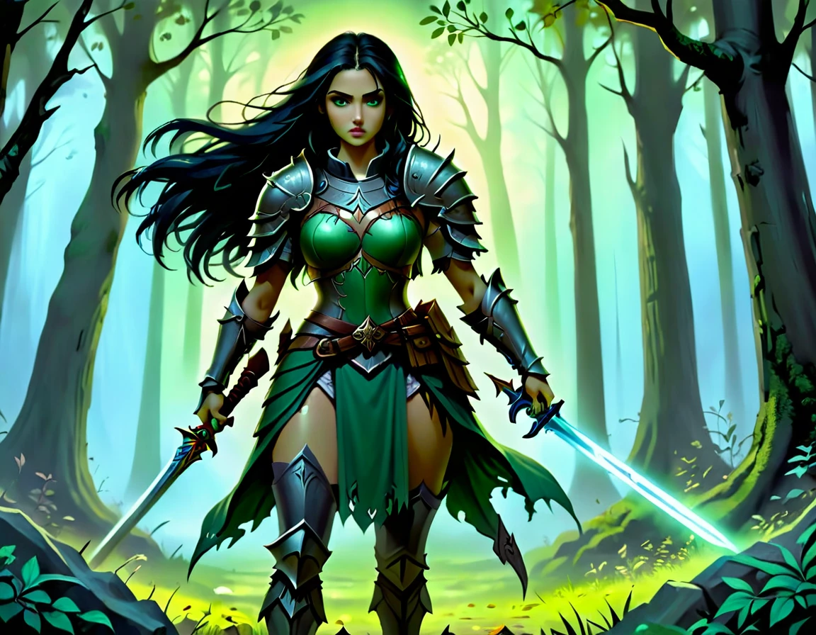 Arafed, a picture of woman paladin of nature protecting the forest from a (zombie: 1.3), a woman knight, black hair, long hair, full body (best details, Masterpiece, best quality :1.5), ultra detailed face (best details, Masterpiece, best quality :1.5), ultra feminine (best details, Masterpiece, best quality :1.5), (black hair: 1.2), long hair, braided hair, pale skin, (deep blue: 1.2) eyes, intense eyes, wearying heavy armor, (white armor: 1.2)  (best details, Masterpiece, best quality :1.5), (green cloak: 1.2) , armed with a sword, glowing sword DruidMagicAI, fighting zombie (dark fantasy art, best detailed, masterpiece: 1.5), dead zombie, skeletal hand, rotten flesh, filthy cloths, branches holding the zombie,  muddy cloths,  fantasy forest background, D&D art, RPG art, magical atmosphere magic-fantasy-forest, ultra best realistic, best details, best quality, 16k, [ultra detailed], masterpiece, best quality, (extremely detailed), ultra wide shot, photorealism, depth of field, hyper realistic painting, dark fantasy, Dark Art Painting Style, dark novel