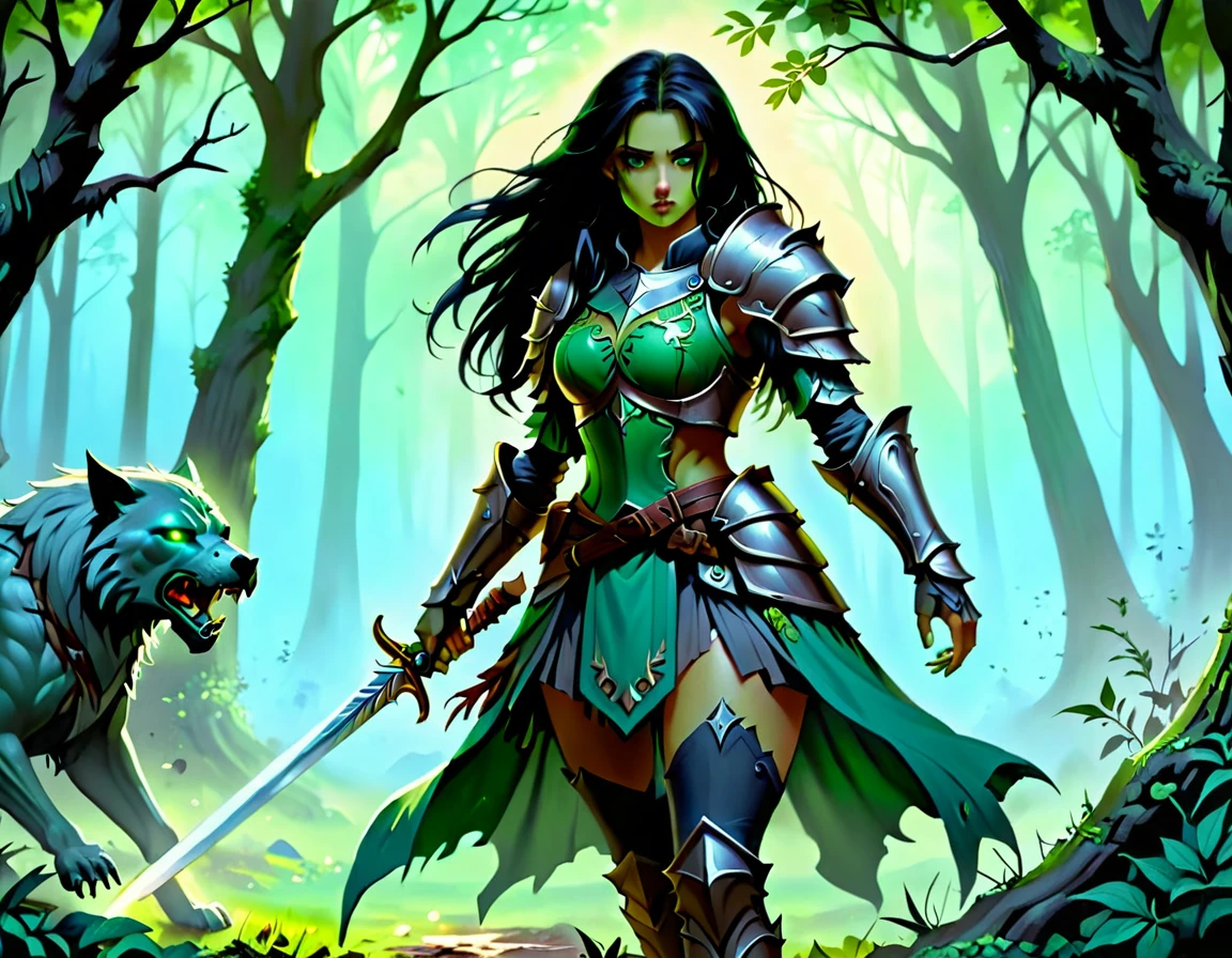 Arafed, a picture of woman paladin of nature protecting the forest from a (zombie: 1.3), a woman knight, black hair, long hair, full body (best details, Masterpiece, best quality :1.5), ultra detailed face (best details, Masterpiece, best quality :1.5), ultra feminine (best details, Masterpiece, best quality :1.5), (black hair: 1.2), long hair, braided hair, pale skin, (deep blue: 1.2) eyes, intense eyes, wearying heavy armor, (white armor: 1.2)  (best details, Masterpiece, best quality :1.5), (green cloak: 1.2) , armed with a sword, glowing sword DruidMagicAI, fighting zombie (dark fantasy art, best detailed, masterpiece: 1.5), dead zombie, skeletal hand, rotten flesh, filthy cloths, branches holding the zombie,  muddy cloths,  fantasy forest background, D&D art, RPG art, magical atmosphere magic-fantasy-forest, ultra best realistic, best details, best quality, 16k, [ultra detailed], masterpiece, best quality, (extremely detailed), ultra wide shot, photorealism, depth of field, hyper realistic painting, dark fantasy, Dark Art Painting Style, dark novel