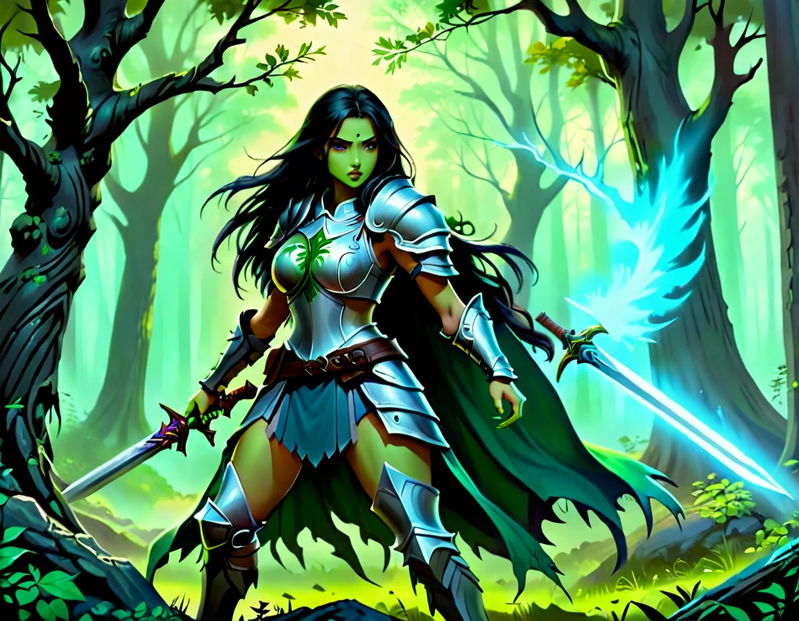 Arafed, a picture of woman paladin of nature protecting the forest from a (zombie: 1.3), a woman knight, black hair, long hair, full body (best details, Masterpiece, best quality :1.5), ultra detailed face (best details, Masterpiece, best quality :1.5), ultra feminine (best details, Masterpiece, best quality :1.5), (black hair: 1.2), long hair, braided hair, pale skin, (deep blue: 1.2) eyes, intense eyes, wearying heavy armor, (white armor: 1.2)  (best details, Masterpiece, best quality :1.5), (green cloak: 1.2) , armed with a sword, glowing sword DruidMagicAI, fighting zombie (dark fantasy art, best detailed, masterpiece: 1.5), dead zombie, skeletal hand, rotten flesh, filthy cloths, branches holding the zombie,  muddy cloths,  fantasy forest background, D&D art, RPG art, magical atmosphere magic-fantasy-forest, ultra best realistic, best details, best quality, 16k, [ultra detailed], masterpiece, best quality, (extremely detailed), ultra wide shot, photorealism, depth of field, hyper realistic painting, dark fantasy, Dark Art Painting Style, dark novel