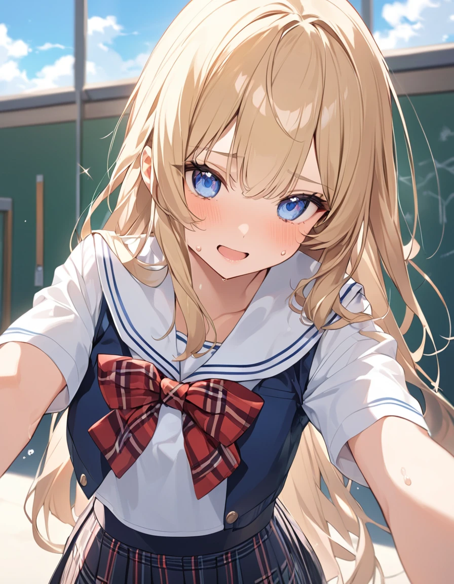 (Highest qualityのイラスト:1.2), (cute女の子:1.1), (1 girl、17 years old、Highest qualityのイラスト:1.2), (1 girl、Kind eyes、blue eyes:1.2)、Blonde、Semi-long hair、Mature、(Highest quality、Very detailed、cute、Ultra-high resolution) 、High School Uniform｛White Sailor Suit、Short sleeve、Pleated skirt with red plaid pattern)、Schoolyard、summer、blue sky、Sweat、