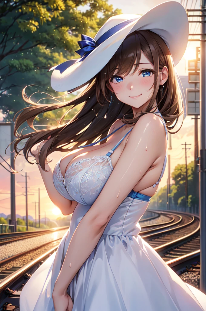 satin, silk, blue, bra, (High quality, High resolution, Fine details), setting sun, Backlight, A straight stretch of railroad track, White Dress, White Hat, solo, curvy women, light brown hair, sparkling eyes, (Detailed eyes:1.2), smile, blush, Sweat, Oily skin, shallow depth of field, Fantastic