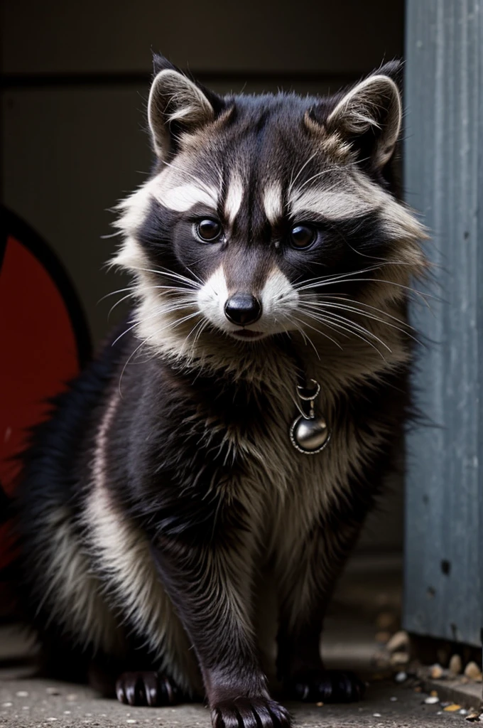 I would like a cartoon of a half-cat raccoon with punk style, emo and metalhead 