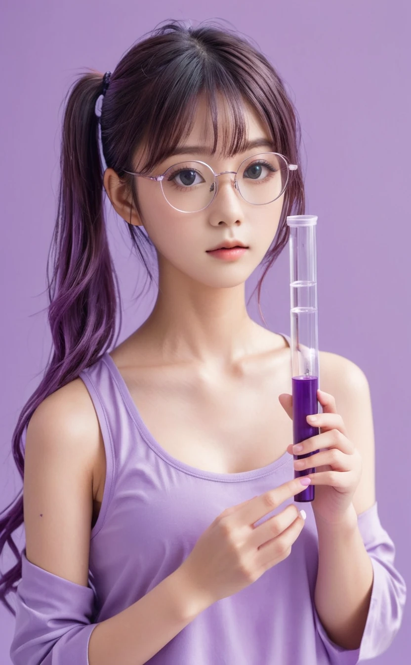 Realistic,Portrait of one girl of young Japanese idol,fake glasses,Upper Body,Purple Hair,indoor,holding a test tube,Looking at test tubes,Simple lavender background,Release your lips,Serious face,A voluminous ponytail with loose wavy hair,She is wearing a doctor's coat over a purple blouse,Popular Korean makeup,photoRealistic
