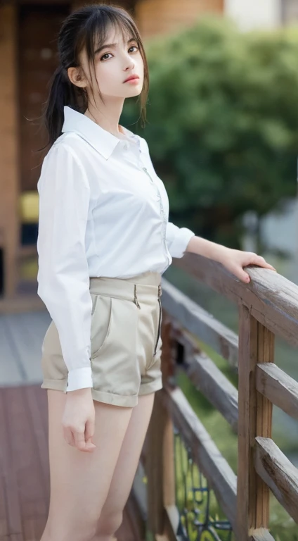 ((Highest quality, 8K, masterpiece: 1.3)), Sharp focus: 1.2, Beautiful woman with perfect figure: 1.4, whole body、(From the side)、Very cute face、Beautiful thighs、(Standing and tying the laces of his right shoe)、Slim Abs: 1.2, (Tight shorts)。 (White button-up long shirt: 1.1), (In front of an American Civil War era house: 1.2), Highly detailed face and skin texture, Fine grain, double eyelid