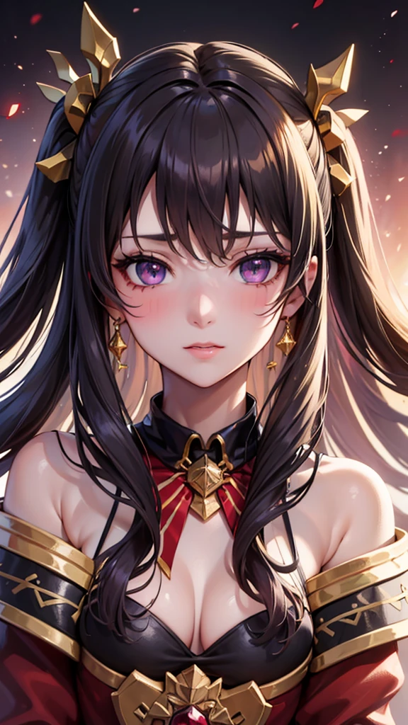 (masterpiece), best quality, expressive eyes, perfect face, 1girl, solo, ishtar, ishtar fate, purple eyes, black hair, gold hair ribbon, long hair, twintails hair, ribbon, Red Jacket with White Shirt, jewelry neck, city background, upper body, portrait, looking at viewer, face blushing, medium breast, close up face