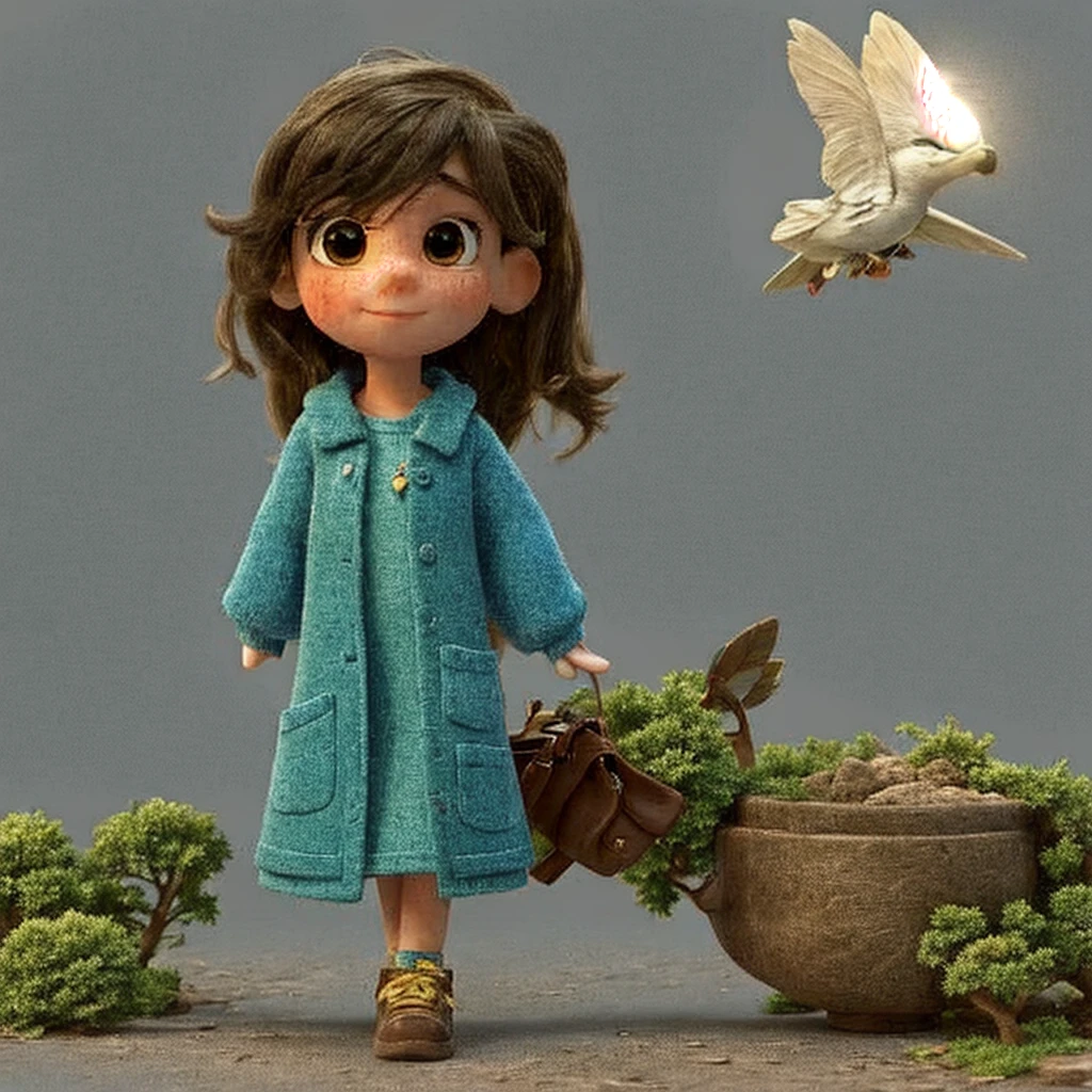 3d modle, Disney, pixar, fly away, highy detailed, A beautiful girl 11 years old, fly away, brown hair, eyes browns, Cutes, fly away, wearing a green coat, and a light blue dress, Red sneakers. Linda e fly away, in a beautiful garden, highy detailed.