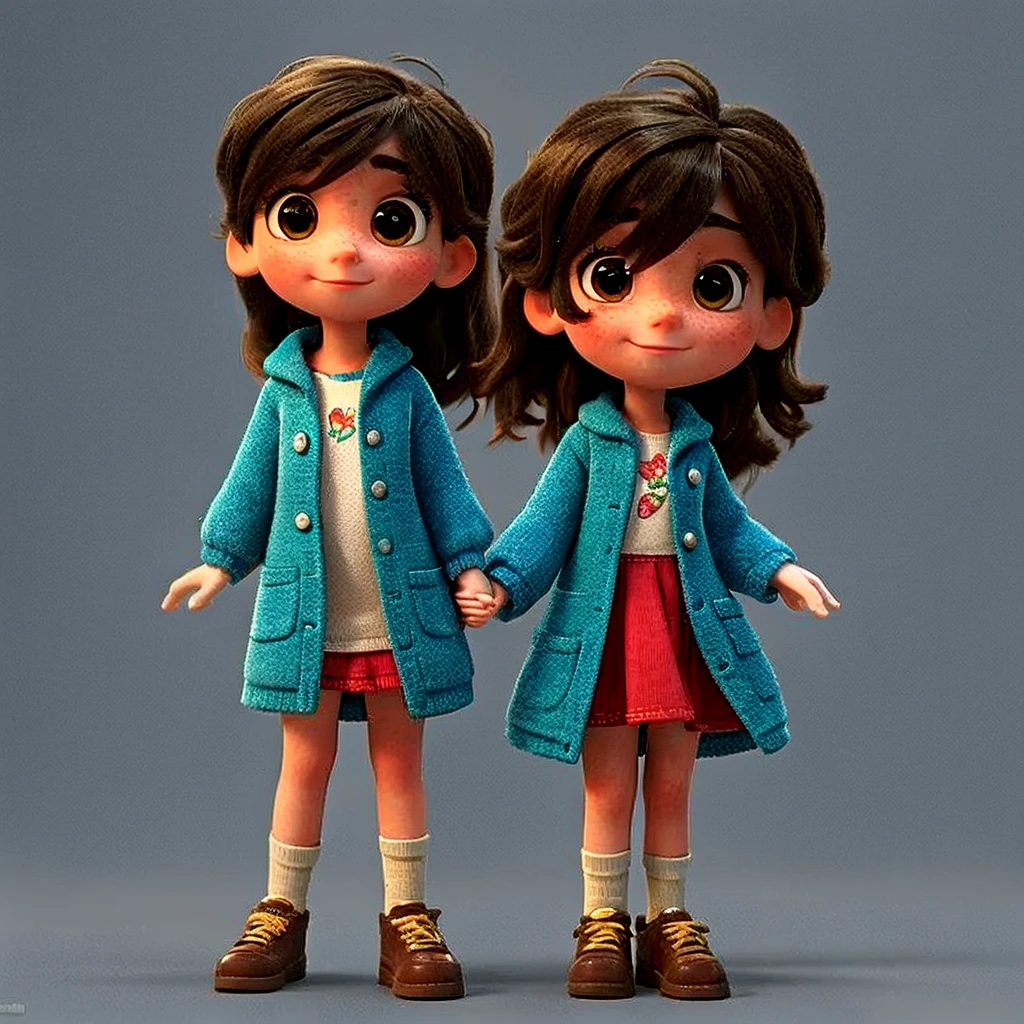 3d modle, Disney, pixar, fly away, highy detailed, A beautiful girl 11 years old, fly away, brown hair, eyes browns, Cutes,  fly away, wearing a green coat, and a light blue dress, Red sneakers. Linda e fly away, in a beautiful garden, highy detailed.