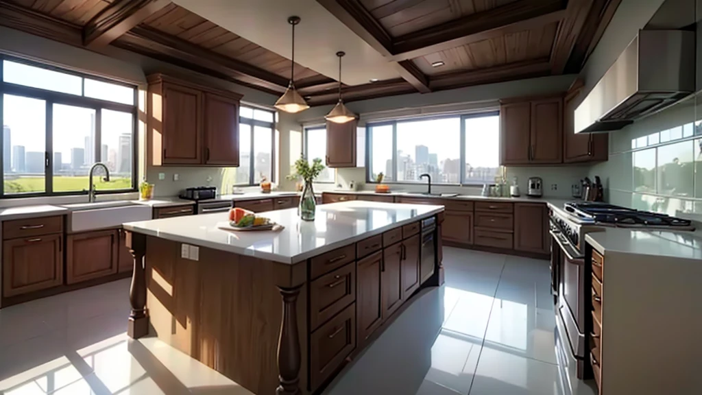 a kitchen in a modern millionaire mansion, no humans, no persons, cartoon-style