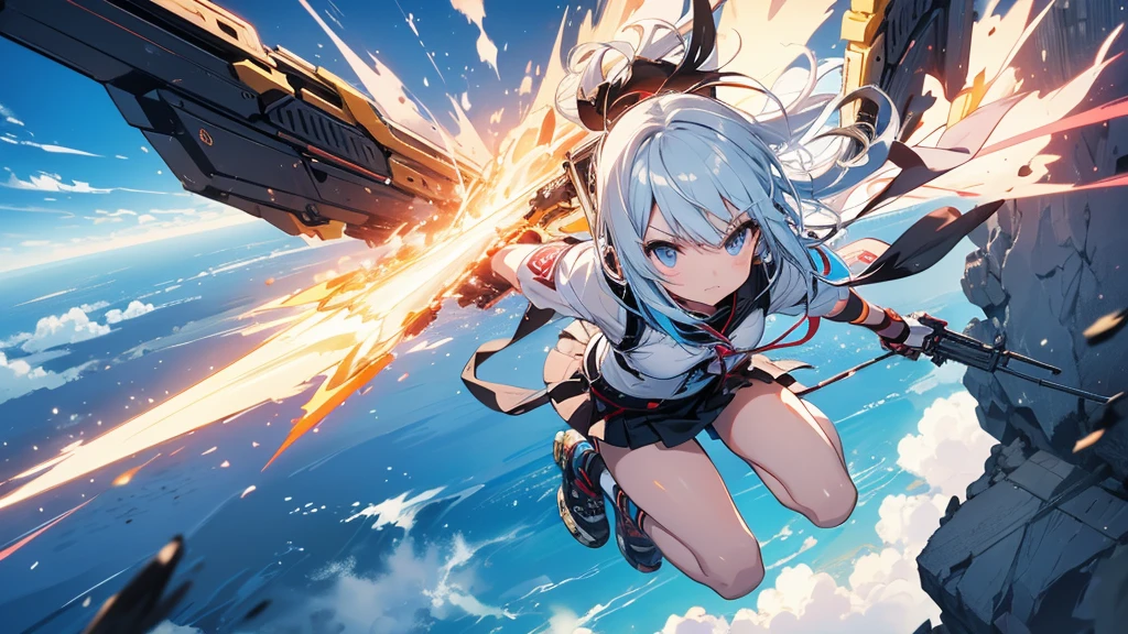 A weaponized winged girl flies through the sky、Holding a railgun