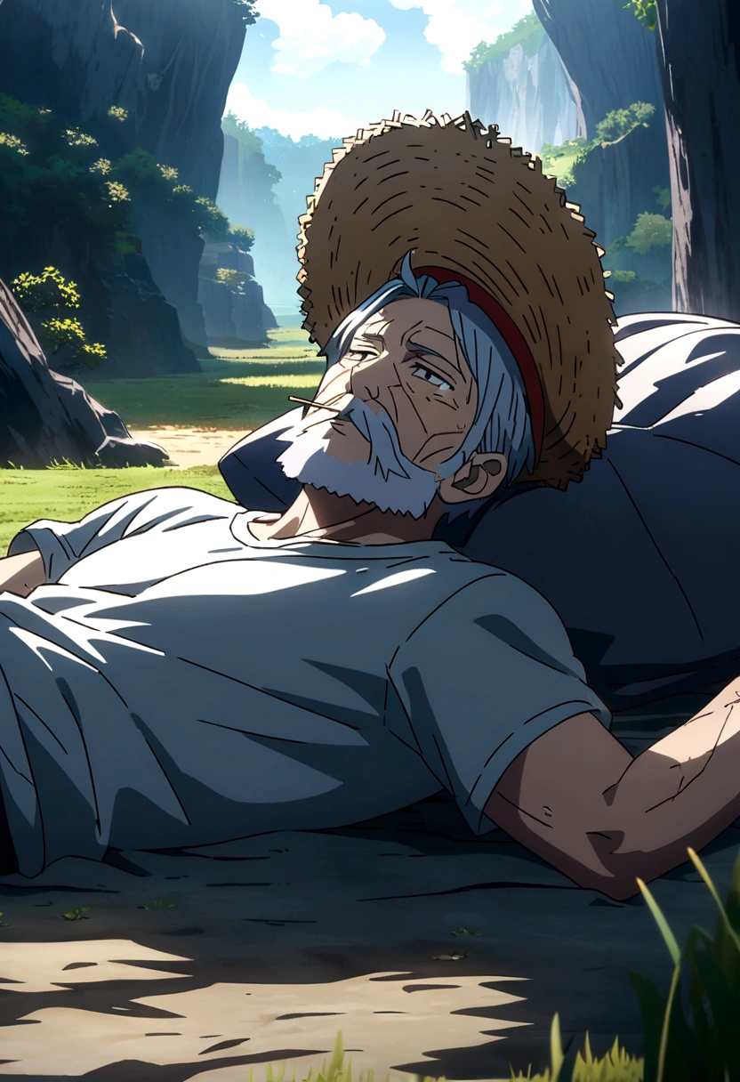 Old man, thin body with defined muscles, gray blue hair, gray beard, gray eyes, scars all over the body, open gray old t-shirt, lazy expression, straw hat on head, toothpick in mouth, lying down, gray field scenery, "Anime features inspired by One Piece, drenched in dramatic and amazing lighting, dramatic lighting, infused with creative details, ultra-fine 2D design, scenery bathed in creativity, bathed in creativity, boasting HD anime resolution clarity, HD anime graphics, high-octane rendering"