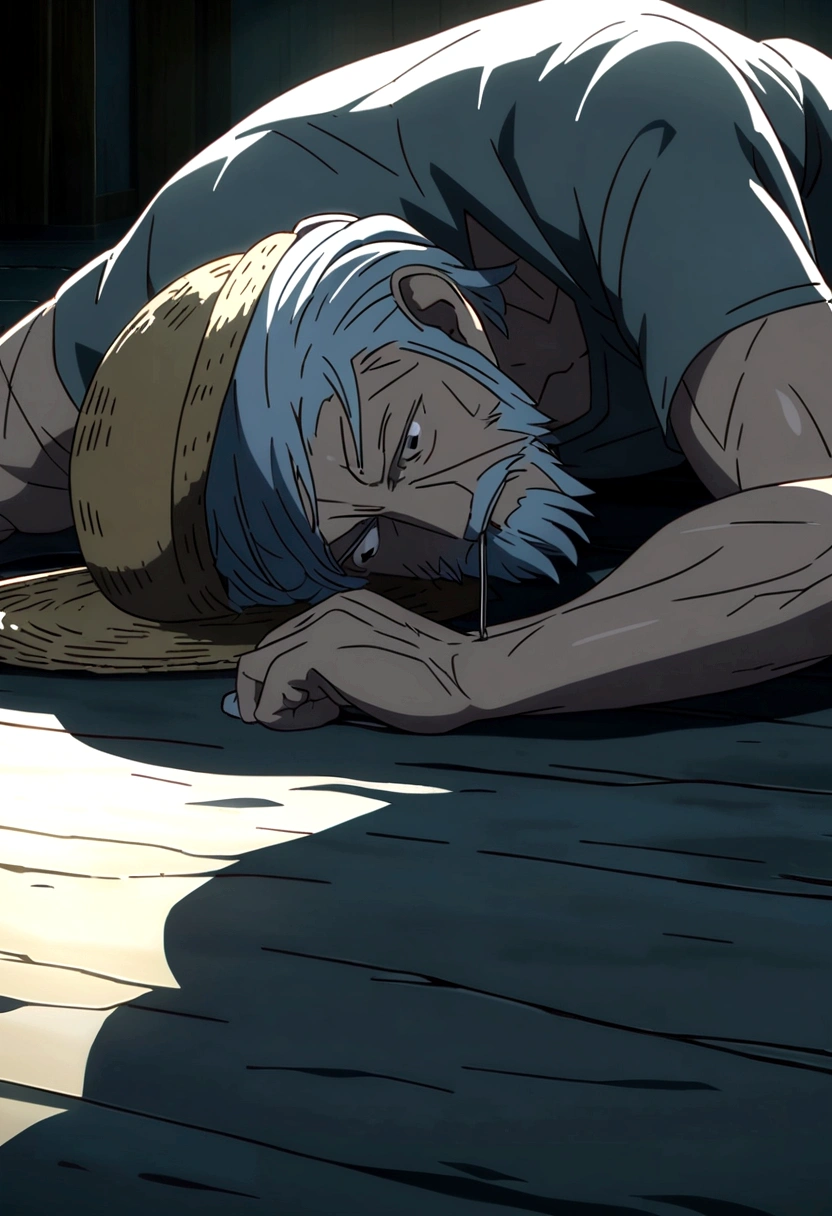 Old man, thin body with defined muscles, gray blue hair, gray beard, gray eyes, scars all over the body, open gray old t-shirt, lazy expression, straw hat on head, toothpick in mouth, lying down, gray field scenery, "Anime features inspired by One Piece, drenched in dramatic and amazing lighting, dramatic lighting, infused with creative details, ultra-fine 2D design, scenery bathed in creativity, bathed in creativity, boasting HD anime resolution clarity, HD anime graphics, high-octane rendering"