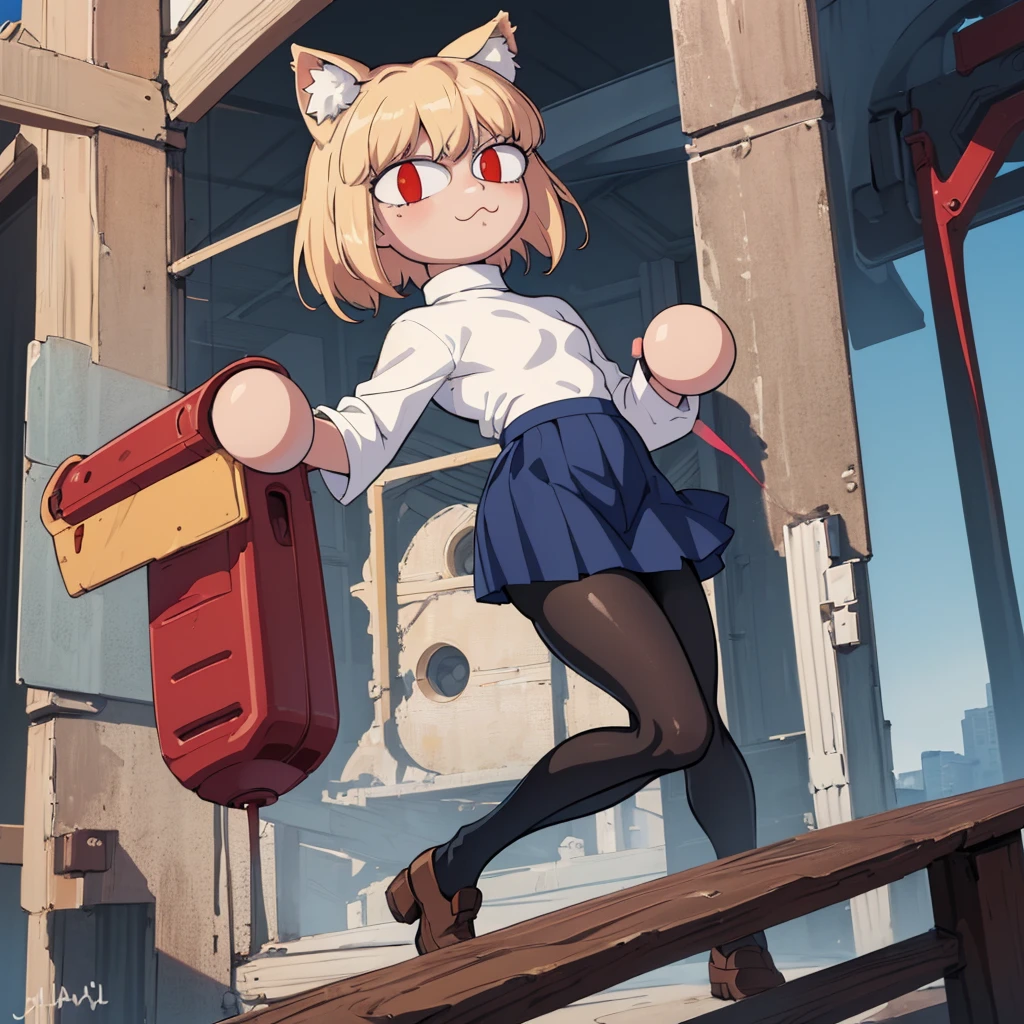 (masterpiece, best quality:1.2),  necoarc, slit pupils, cat ears, blonde hair, red eyes, chibi, 1boy, solo, white turtleneck, blue skirt, pleated skirt, brown footwear, pantyhose, outdoors, highlight thighs, thick thighs, 