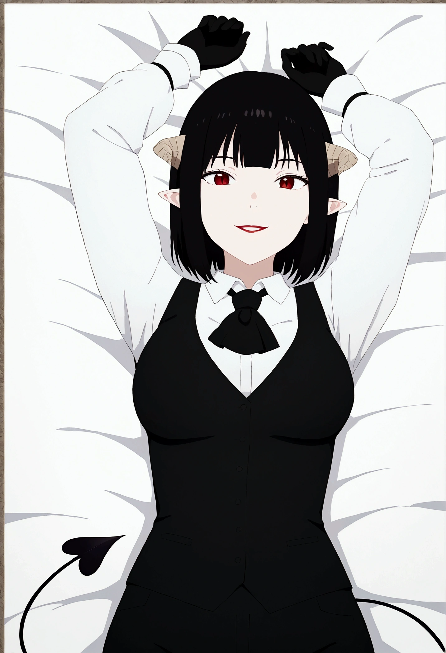 work of art, best qualityer, high resolution, 1girl horns short black hair, demon tail, white shirt black ascot black gloves black pants black vest lying on your back, sheet, arms up,beautiful smile