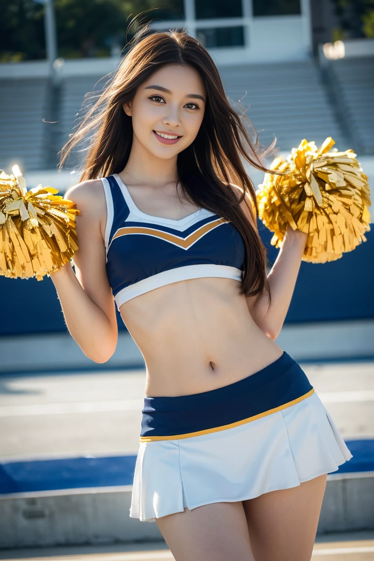 ((Realistic lighting, Best quality, 8K, Masterpiece: 1.3)), Clear focus: 1.2, 1girl, Perfect Figure: 1.4,(cheerleader:1.3),(outdoors:1.5),(viewarmpits:1.5),(stadium:1.1),(cheer dance:1.3) , big breasts, ((Dark brown hair)), Super fine face, Fine eyes, Double eyelids,smile face