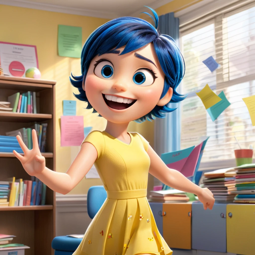 Joy (a character in the movie "Inside Out" with short blue hair and yellow dress) is extra excited, jumping around, throwing review outlines and papers with a very bright smile, symbolizing the feeling of "liberation" from academic pressures. , exam review after the graduation exam, paper flying everywhere, design, happy, bright, in her room background, scenetic, wide, full body