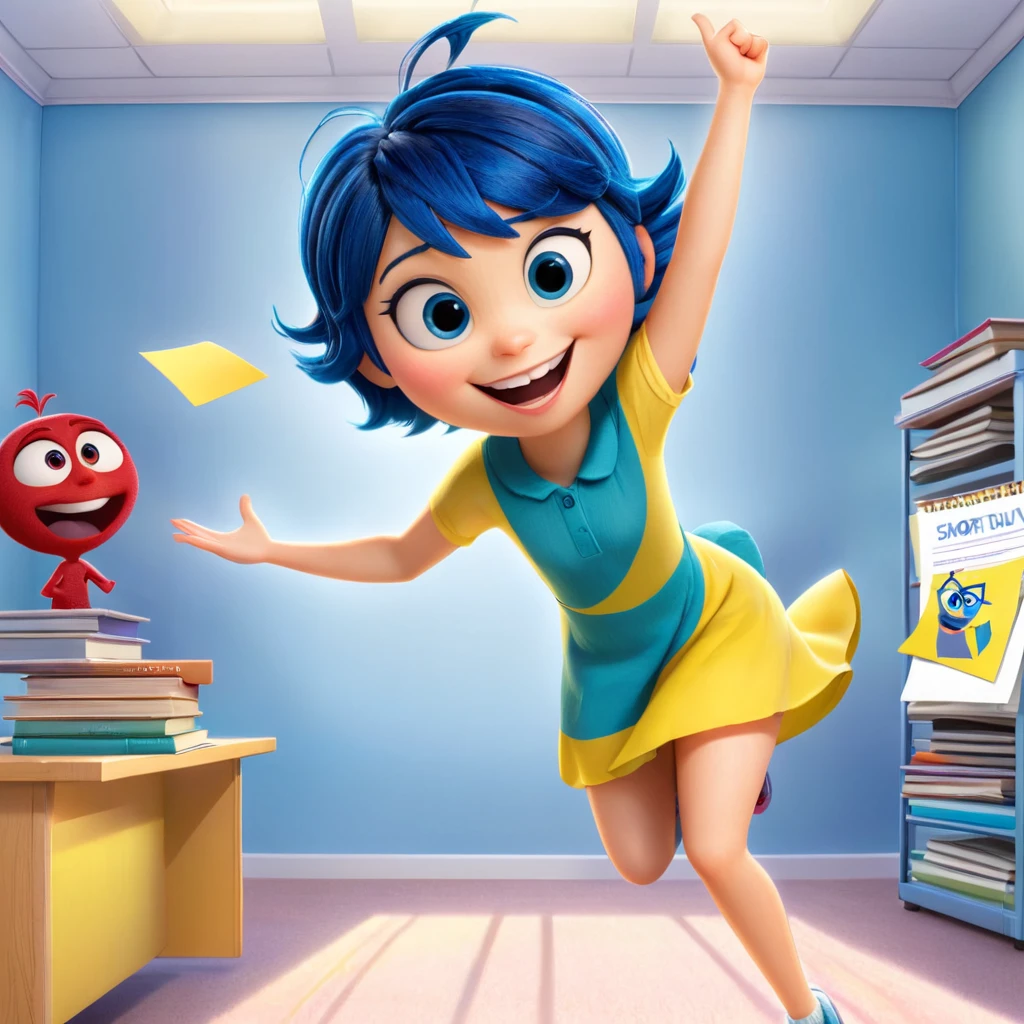 Joy (a character in the movie "Inside Out" with short blue hair and yellow dress) is extra excited, jumping around, throwing review outlines and papers with a very bright smile, symbolizing the feeling of "liberation" from academic pressures. , exam review after the graduation exam, paper flying everywhere, design, happy, bright, in her room background, scenetic, wide, full body