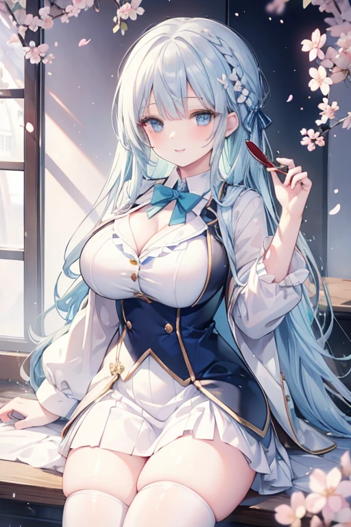 young girl, blue silver  hair, blue green  eyes,beautiful and detailed eyes, big breasts, long hair,european braid hairstyles, happy smile, White shirt,white blazer, black mini skirt, (cherry blossom garden )