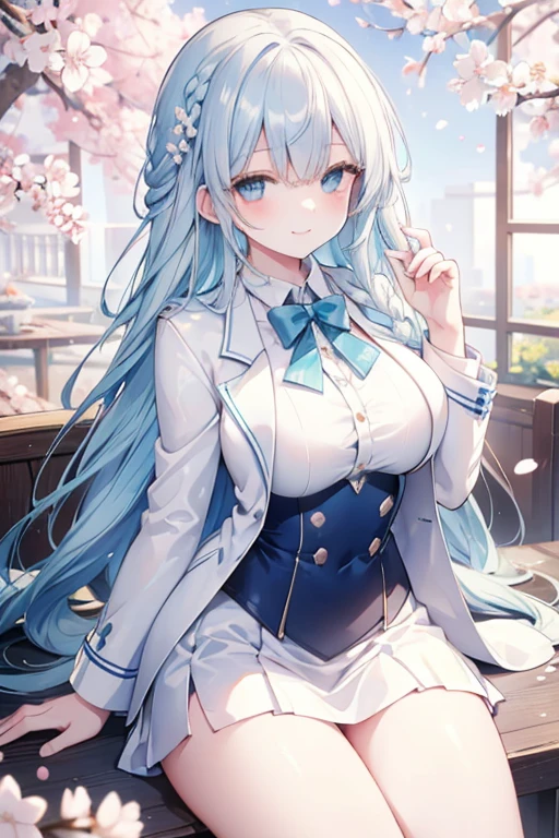 young girl, blue silver hair, blue green eyes,beautiful and detailed eyes, big breasts, long hair,european braid hairstyles, happy smile, White shirt,white blazer, black mini skirt, (cherry blossom garden )