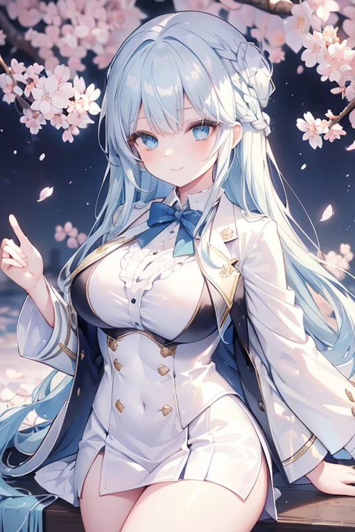young girl, blue silver  hair, blue green  eyes,beautiful and detailed eyes, big breasts, long hair,european braid hairstyles, happy smile, White shirt,white blazer, black mini skirt, (cherry blossom garden )