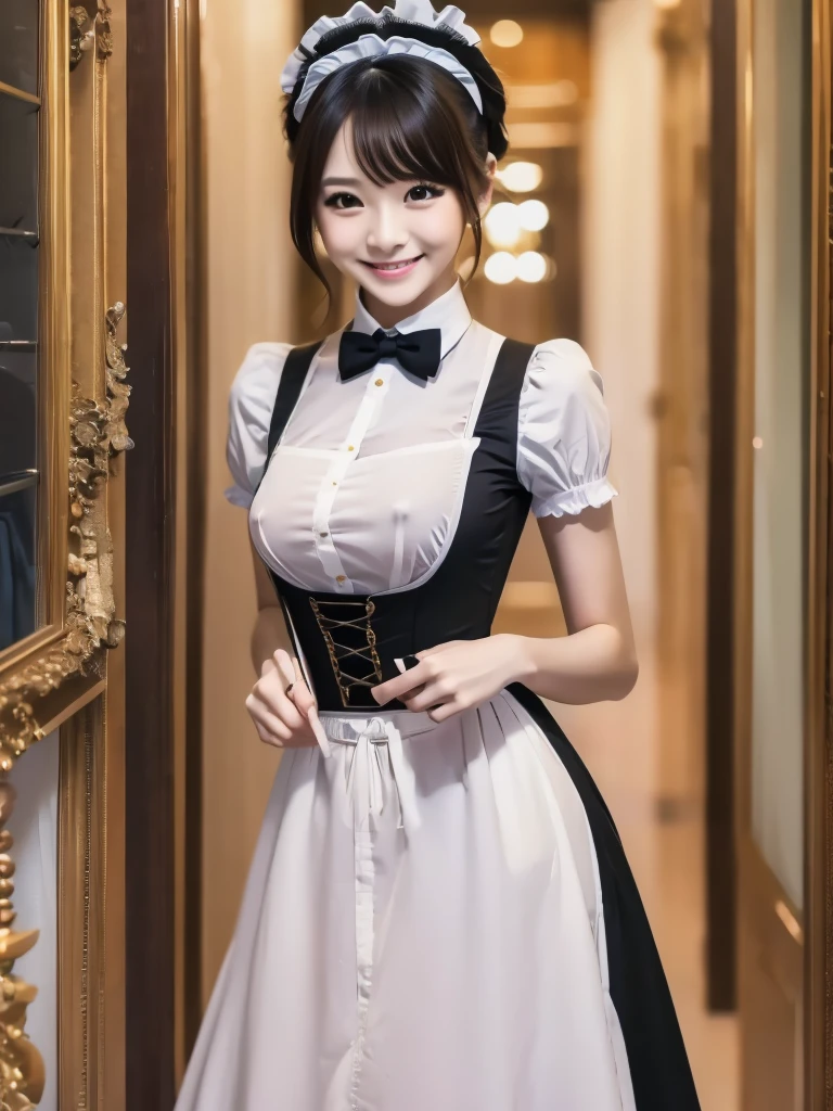 Highest quality、masterpiece、8K、Very detailed、Realistic、One person、Looking at me with a smile、whole body、Big Breasts、Erect nipples、Thin and beautiful legs、Tight and slim waist、Tight maid outfit、skirt