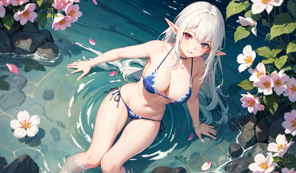 ((Highest quality)), ((masterpiece)), (detailed), 1 White-haired Elf Witch, Beautiful red eyes,sexy,In the sea,Seductive pose, dynamic poze, Tie-dye bikini,Many flowers on the water surface,overhead shot,innertube,Show Panties,