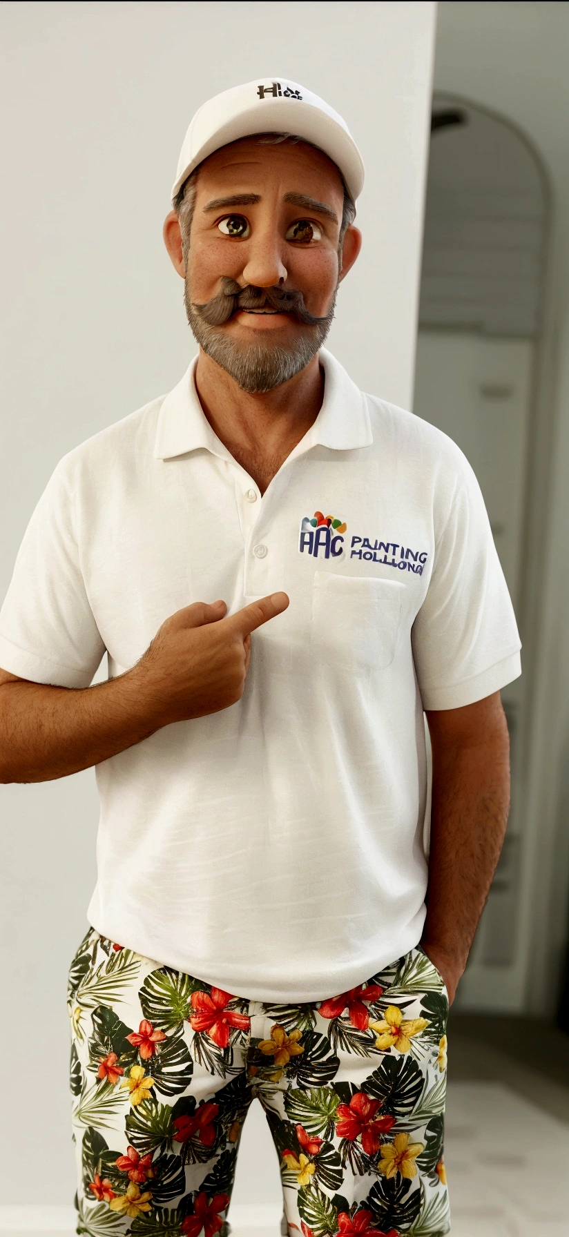 A photo of a happy smiling middle-aged man with a short beard and mustache wearing a white polo shirt with the "HcnPolling H Coaching" logo on his t-shirt. He is pointing at the front pocket of shorts that have a colorful Hawaiian print underneath.