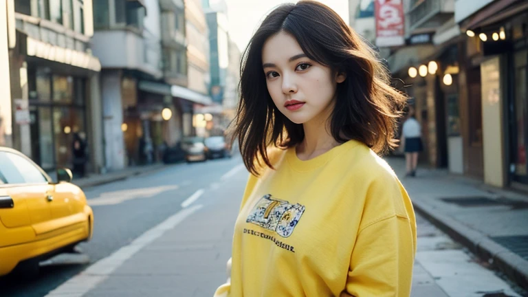 One girl,High resolution,  high quality,Hair Color,Shoulder length,Turn right,45 degrees,The background is the city.,morning,Wear a pale yellow shirt.,