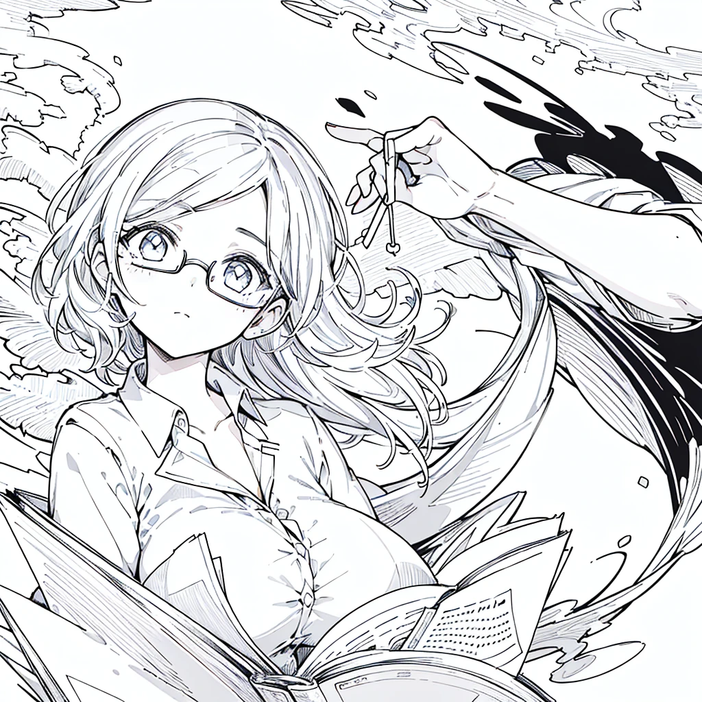 A girl,close up, wearing white shirt, reading a book, (best quality:1.3), (highres:1), (detailed:1.3), (incredible:1.3), (perfect:1.3), (perfection:1.3), (illustration:1.3), she's getting fun while reading it, dynamic on scene,Wear glasses,Big Breasts