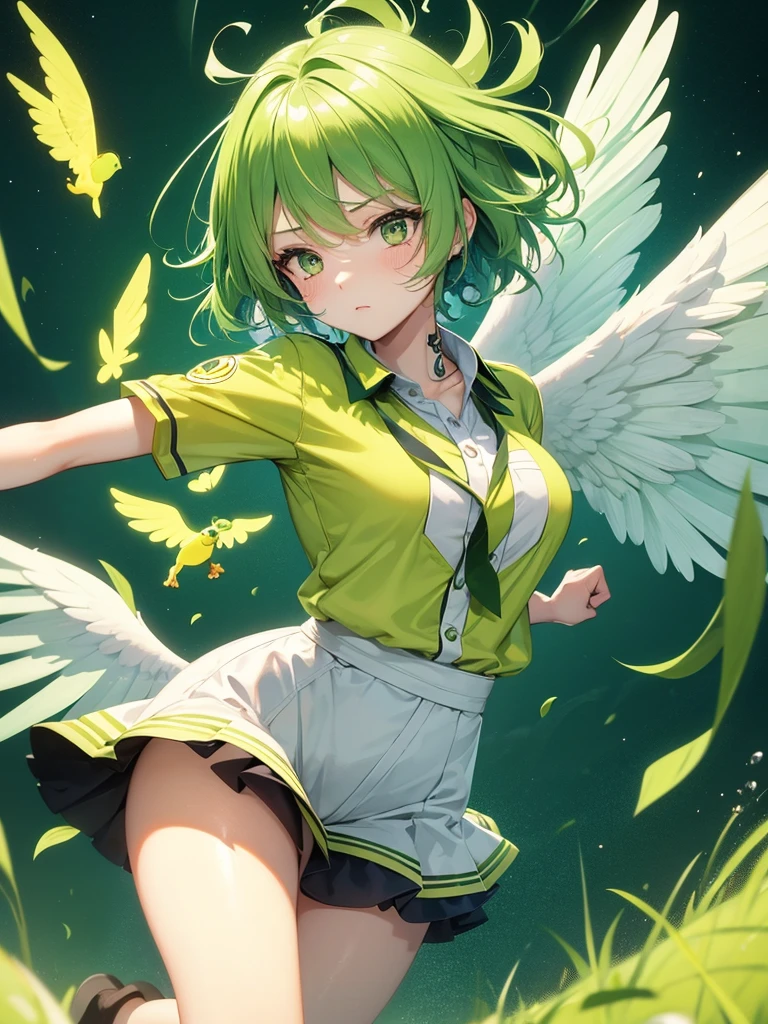 An angel girl with wings flying with green hair and the wind blowing. She is fighting with a big frog. The frog is crying. She is wearing a uniform with green and gold lines.