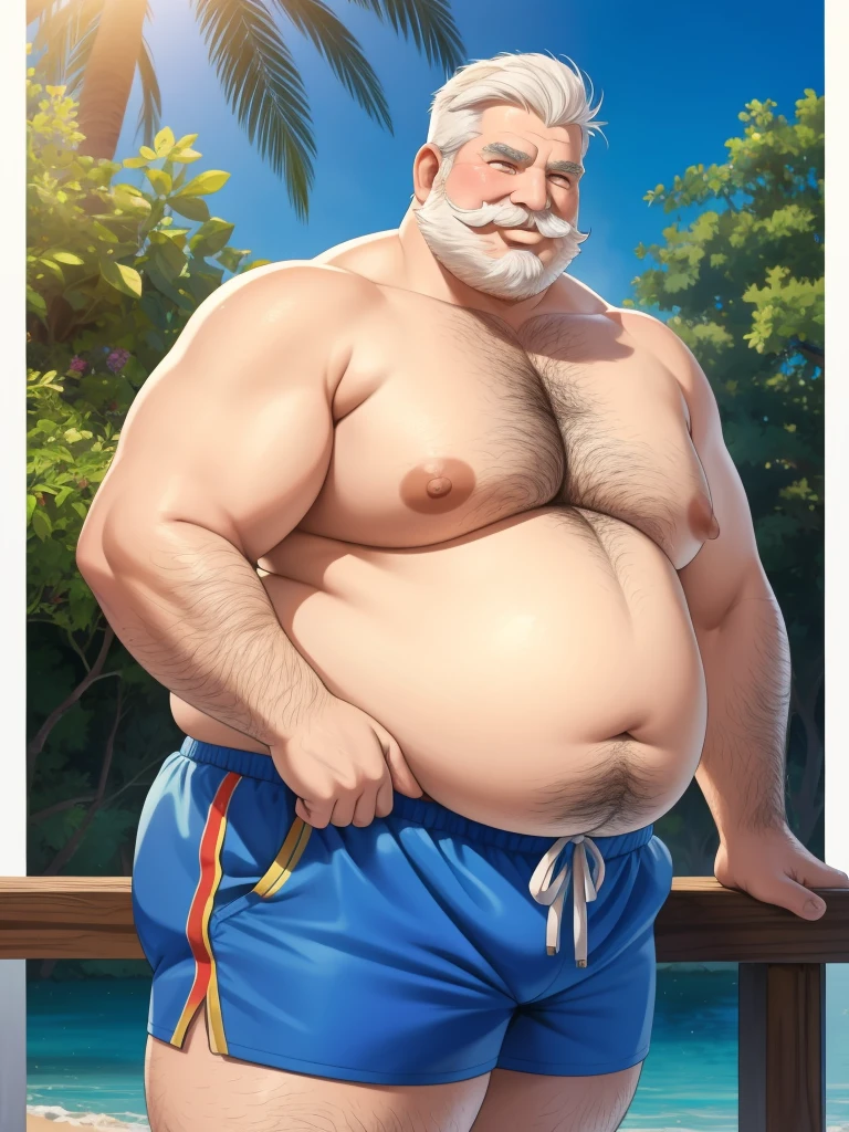 a smiling obese old man, chubby, big fat, detailed realistic portrait, 8k high resolution, topless, sumo physique, side view, perfect center, full view, realistic skin texture, wrinkled face, short hair, thick mustache, white hair, bearded, jovial expression, huge belly, fat, wearing shorts, high detail, masterpiece, (best quality,4k,8k,highres,masterpiece:1.2),ultra-detailed