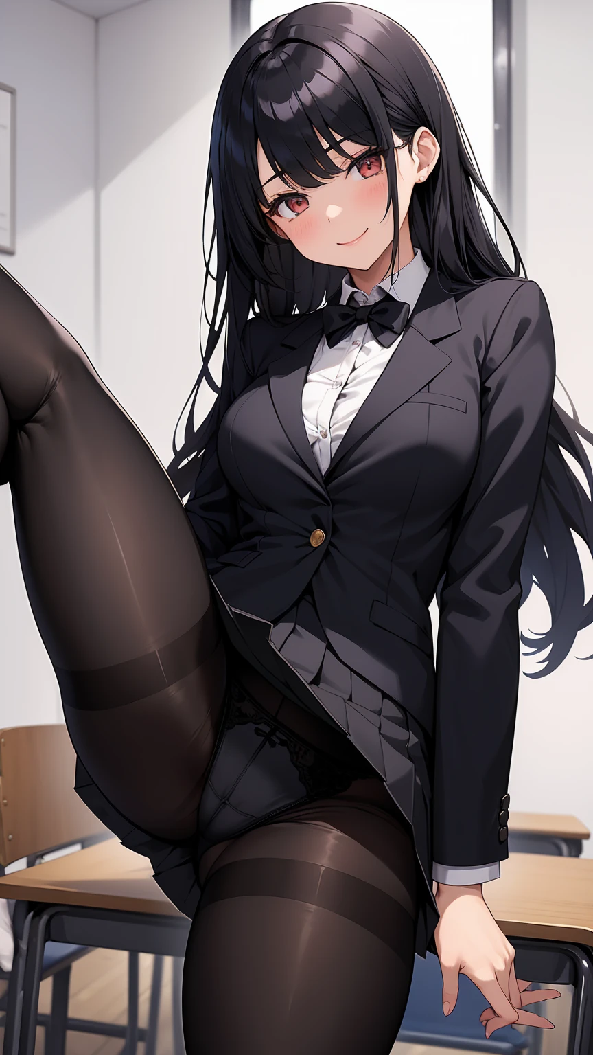 One Girl, Five Fingers, mini skirt, Looking down at the viewer, Black Hairロングヘアー, Highest quality, Focus on the thighs, Dynamic pose, smile, blazer, blouse, Black Pantyhose, panties under pantyhose, Standing Split, classroom, Black Hair, Stylish pose,My thighs and groin are steamy 