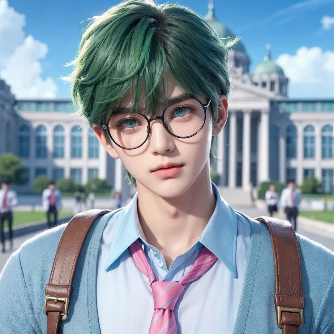 Handsome boy, green hair, green eyes, wearing light blue  with pink necktie, wearing black round eyeglass