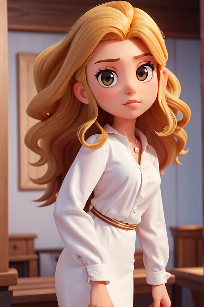 A charming Disney Pixar-style illustration of a young Brazilian woman with long, curly blonde and brown hair. She is wearing a white blouse with a black blaizer, serious look, arms crossed with a businesswoman look, white studio style background