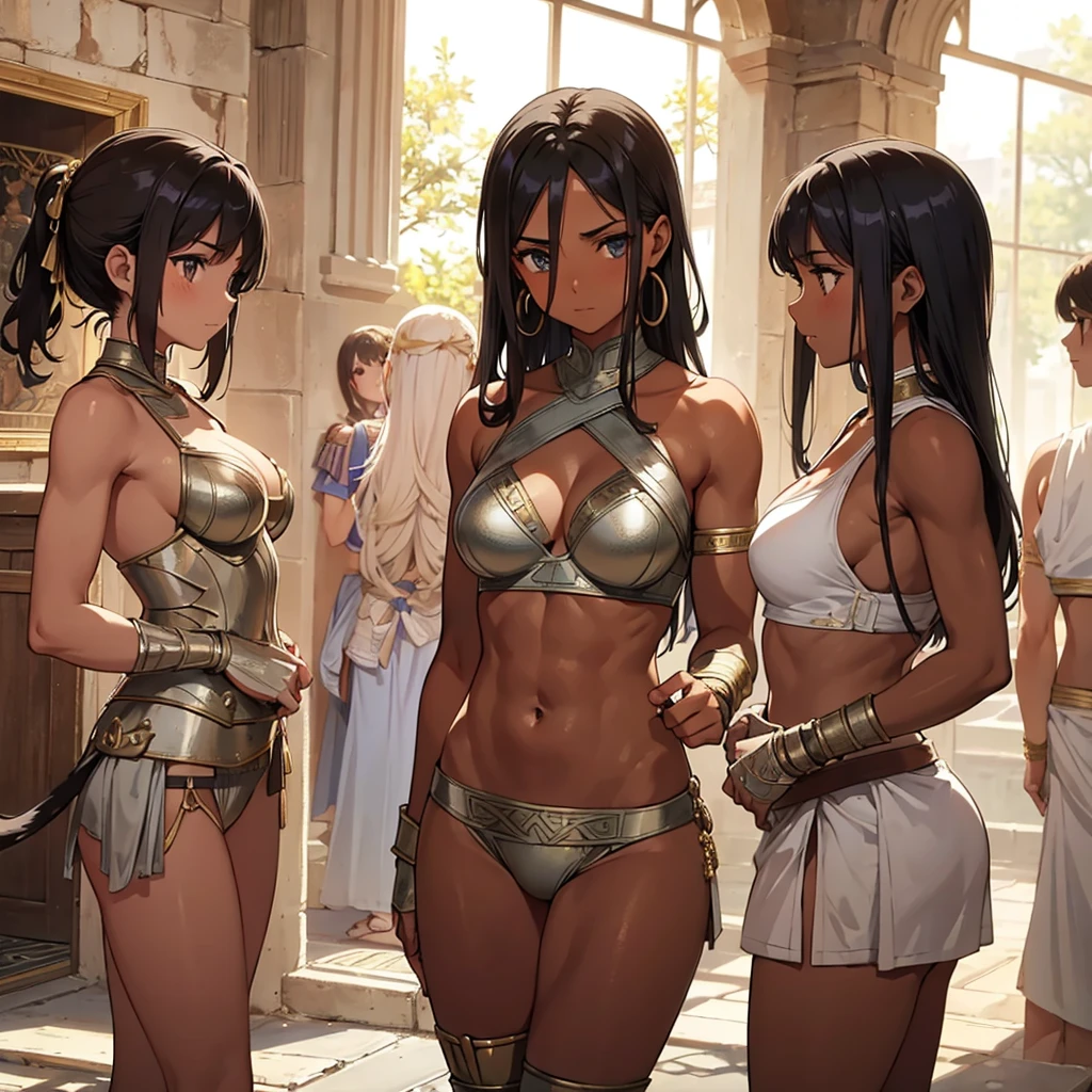 a beautiful Greek warriors girls standing guard at a door, Greek warrior, girls ,tanned skin, tail cover , muscular woman, marked abdomen, ,brown skin, ancient Greece, classical Greece, black armor ,slim body, defined abdomen , warrior woman, l ight armor, black hair,